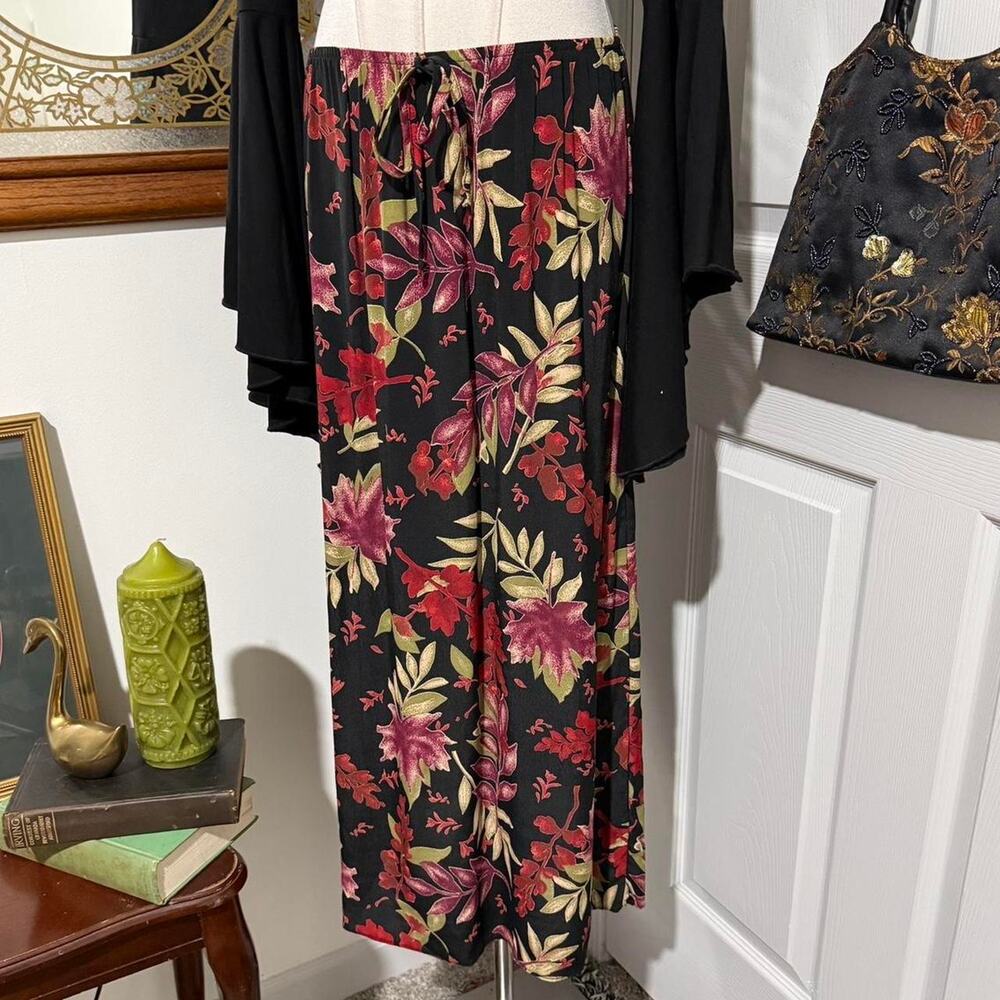 VTG 90s Teddi Black & Multicolor Floral Tropical Pattern Light Weight Maxi Skirt